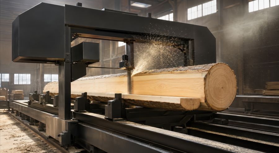 Band saw cutting a squared log with sawdust in the air