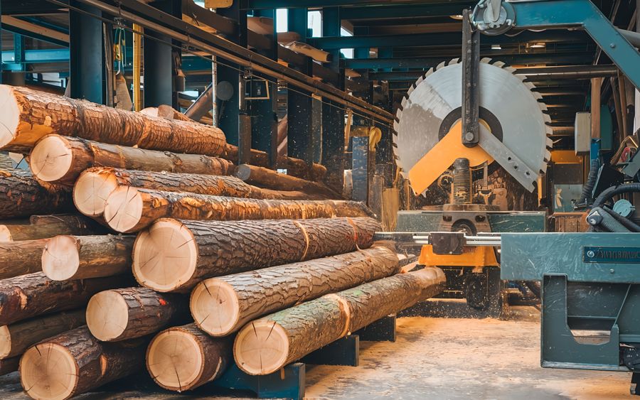 Stacked logs beside a large circular saw blade